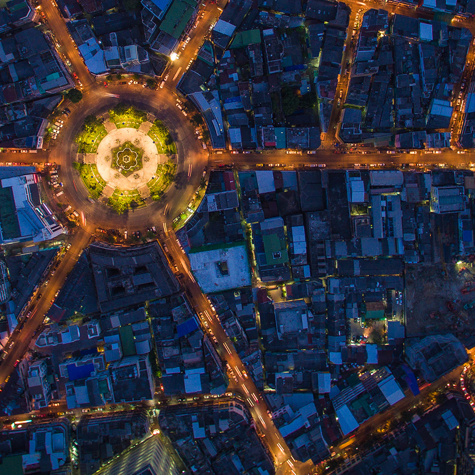 Aerial view of city at night