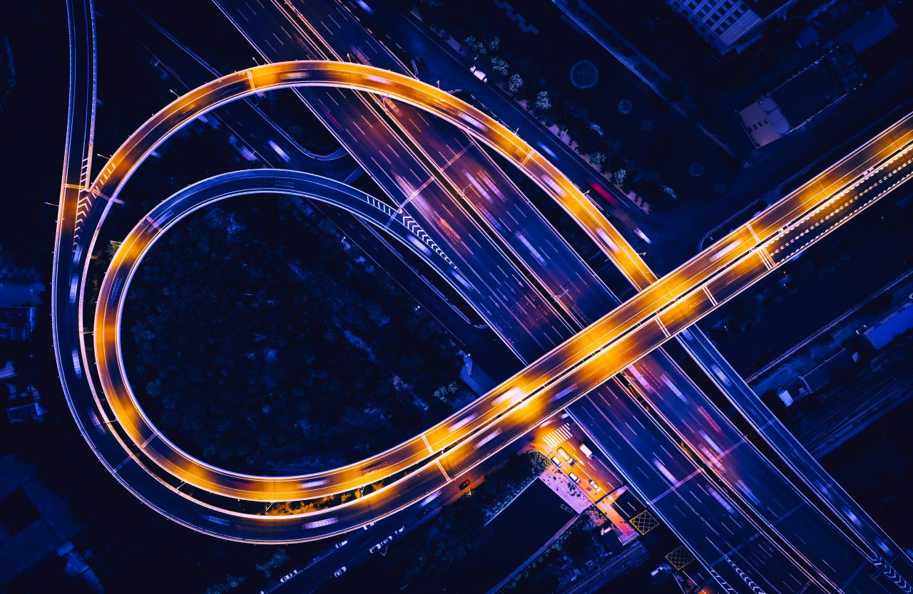 Aerial view of busy highway at night