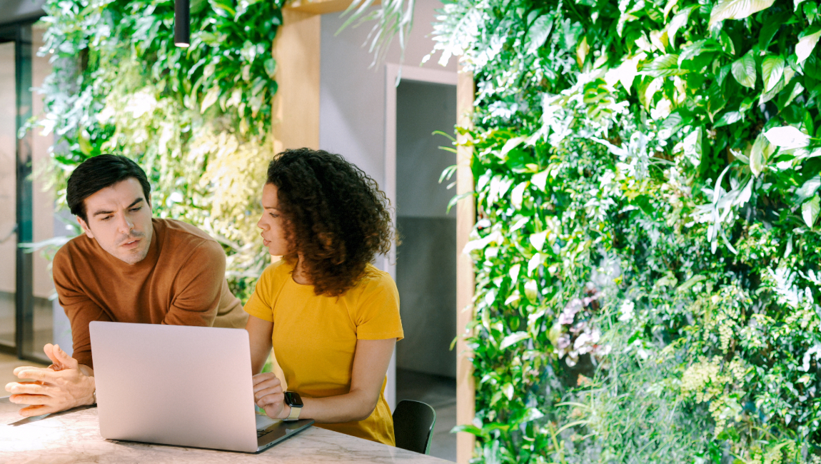 Two colleagues working in ecofriendly office with plant wall with a laptop open
